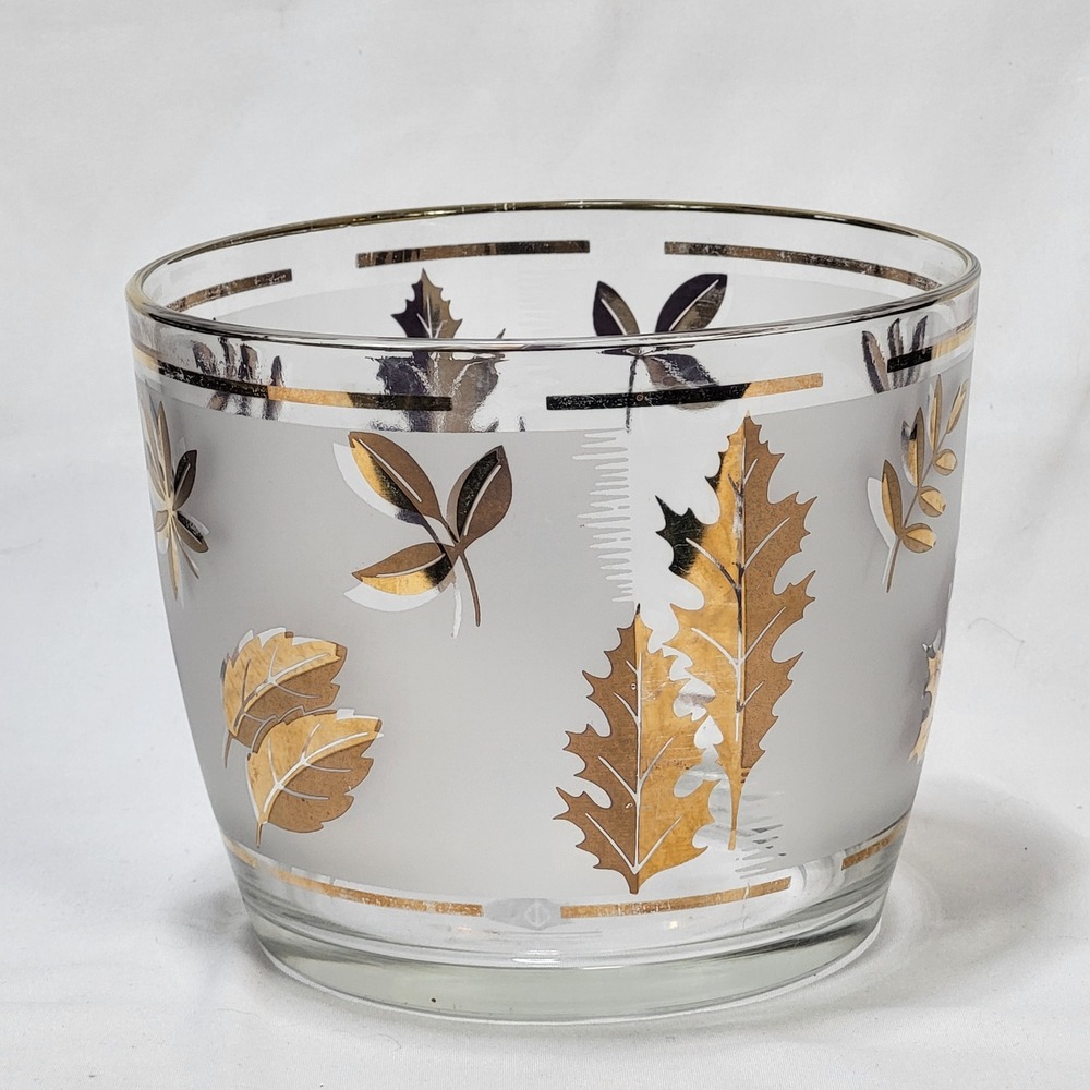 Vintage MCM Frosted Glass Ice Bucket Gold Silver Metallic Leaf Barware 4.75in